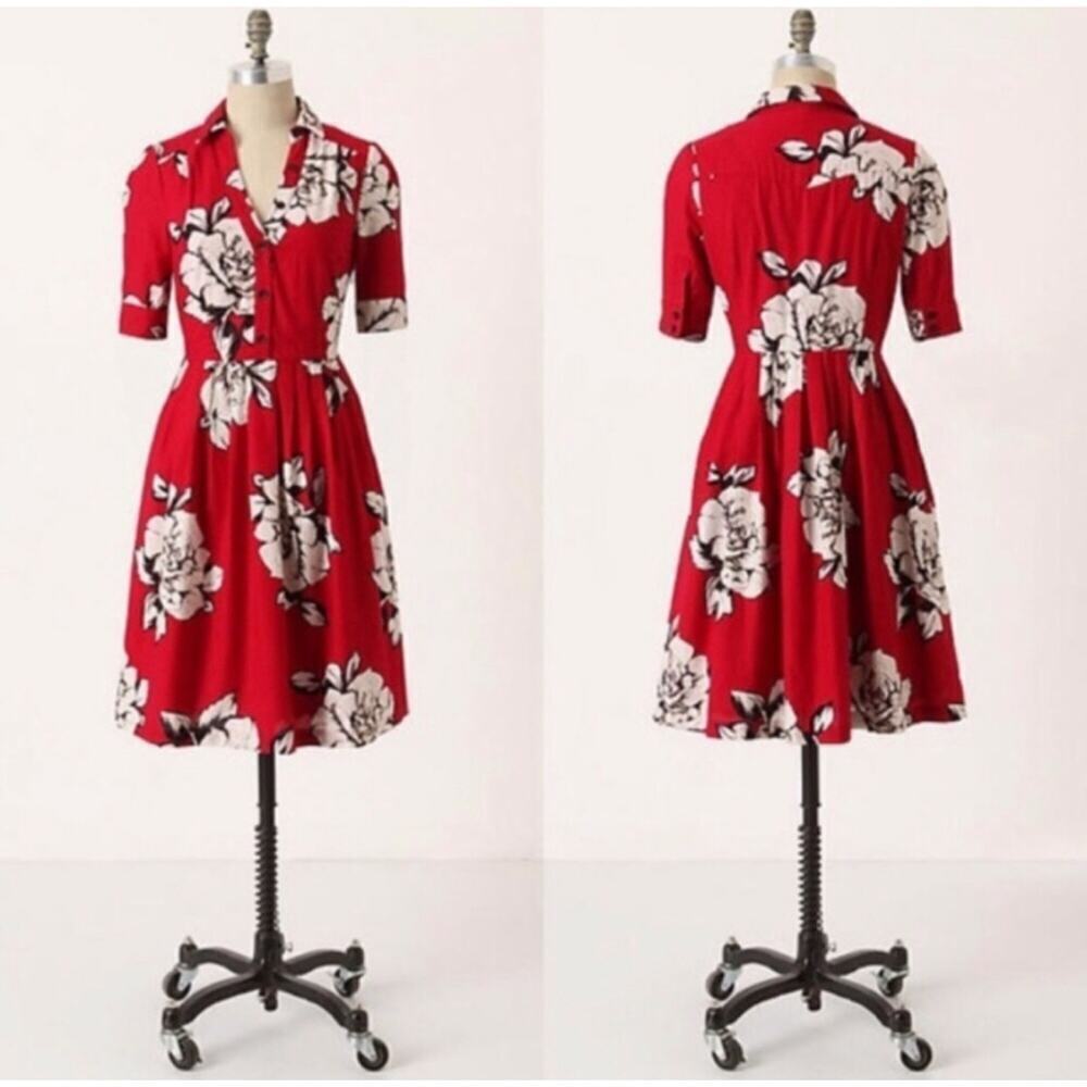 Maeve by Anthropologie Women's Red Floral Print Dagmar collared Dress Size 4 - Picture 1 of 11